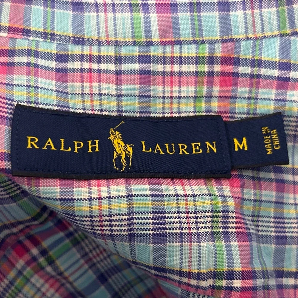 Polo Ralph Lauren Medium Button Down Shirt Blue Pink Plaid 100% Cotton Mens